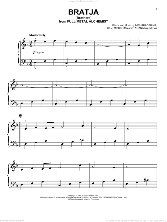 Bratja (Brothers) (from Fullmetal Alchemist) sheet music for piano solo by Seiji Mizushima, Michiru Oshima, Michiru Oshima, Seiji Mizushima & Tatiana Naumova and Tatiana Naumova, easy skill level