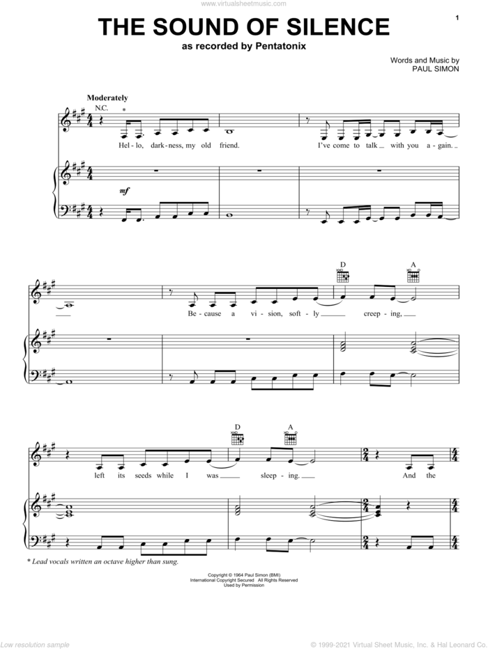 The Sound Of Silence sheet music for voice, piano or guitar by Pentatonix, Simon & Garfunkel and Paul Simon, intermediate skill level