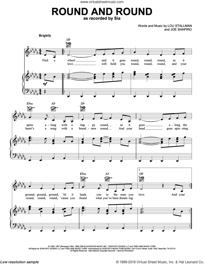 Round And Round sheet music for voice, piano or guitar by Sia, Perry Como, Joe Shapiro and Lou Stallman, intermediate skill level