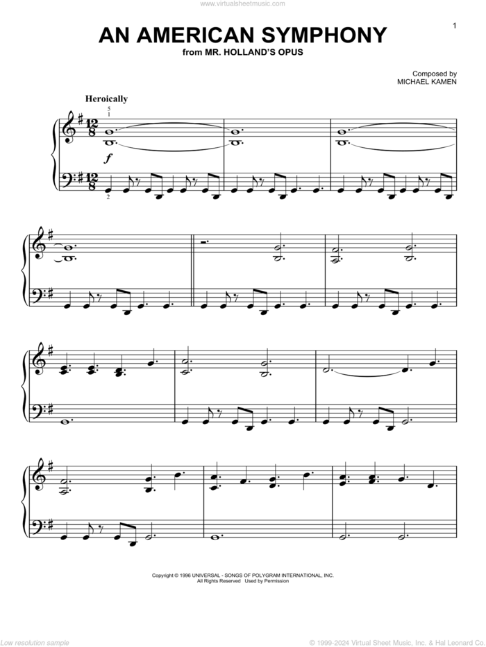 An American Symphony, (easy) sheet music for piano solo by Michael Kamen, easy skill level