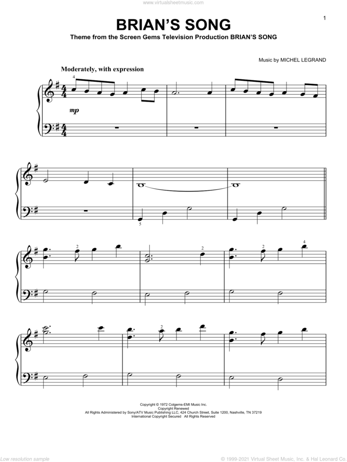 Brian's Song sheet music for piano solo by Michel Legrand, easy skill level