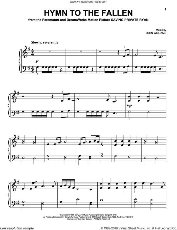 Hymn To The Fallen sheet music for piano solo by John Williams, beginner skill level