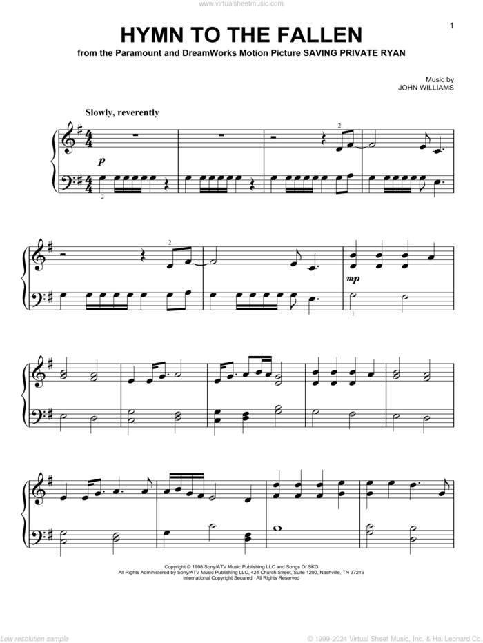 Hymn To The Fallen sheet music for piano solo by John Williams, beginner skill level