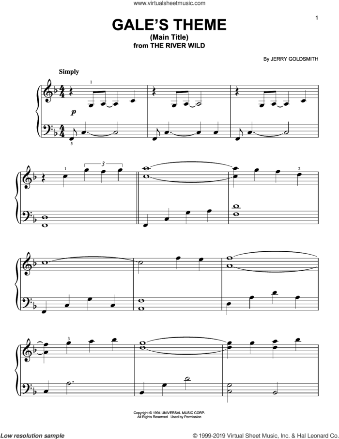 Gale's Theme (Main Title) sheet music for piano solo by Jerry Goldsmith, easy skill level