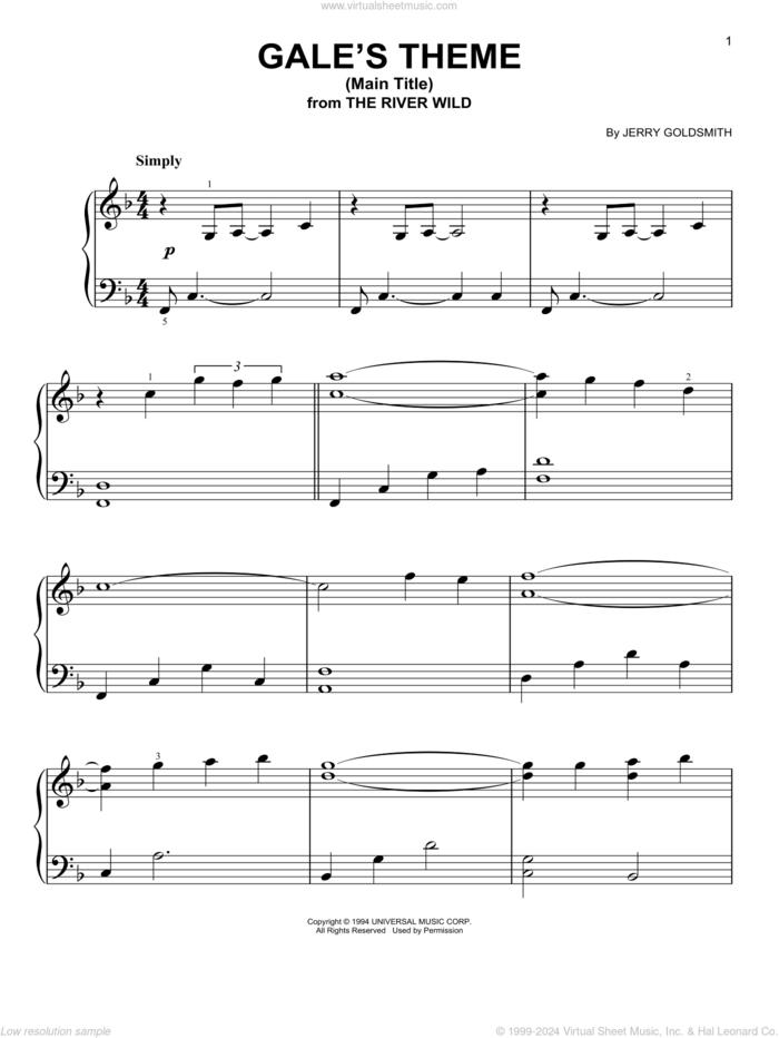 Gale's Theme (Main Title) sheet music for piano solo by Jerry Goldsmith, easy skill level