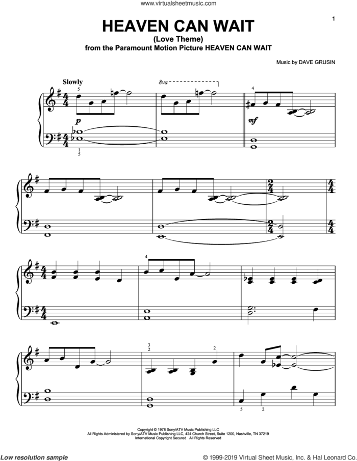 Heaven Can Wait (Love Theme), (easy) sheet music for piano solo by Dave Grusin, easy skill level