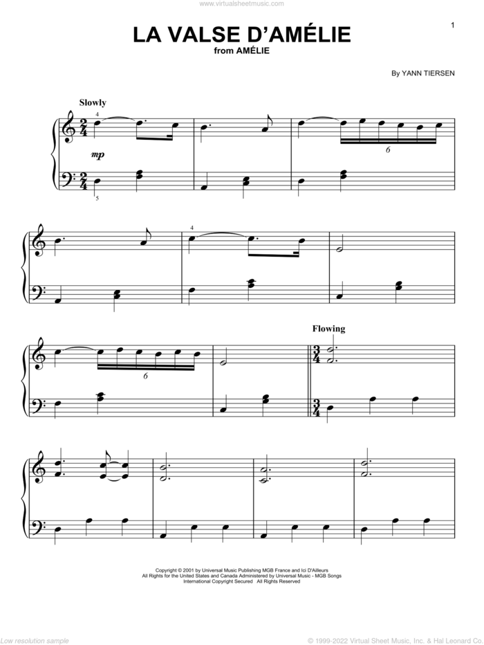 La Valse D'Amelie sheet music for piano solo by Yann Tiersen, easy skill level