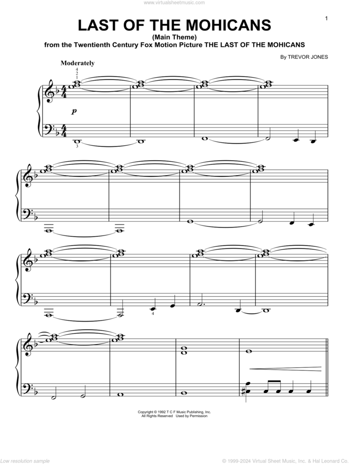 Last Of The Mohicans (Main Theme), (easy) sheet music for piano solo by Trevor Jones, easy skill level