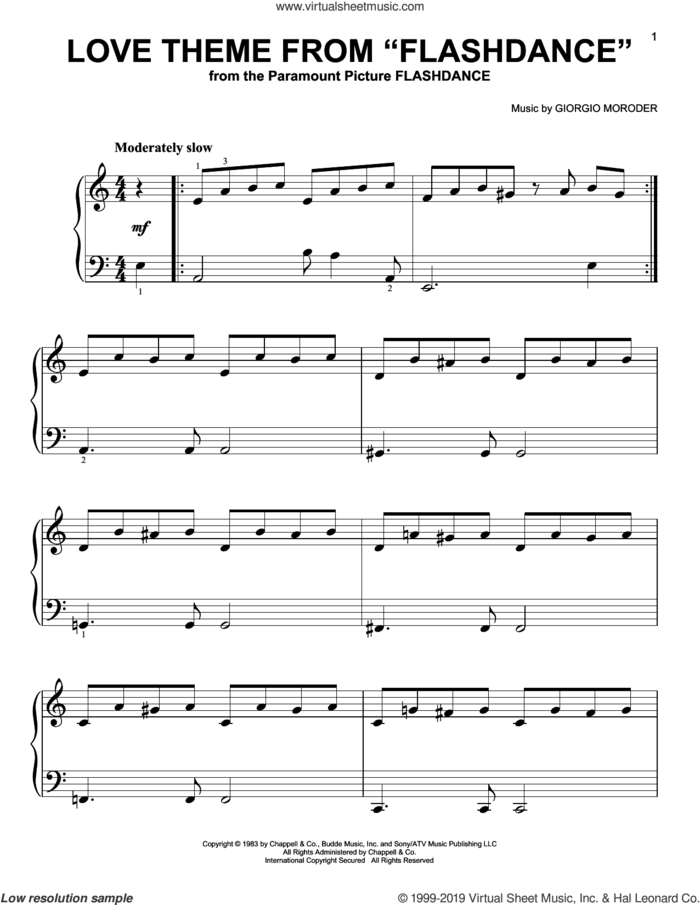Love Theme From 'Flashdance', (easy) sheet music for piano solo by Giorgio Moroder, easy skill level
