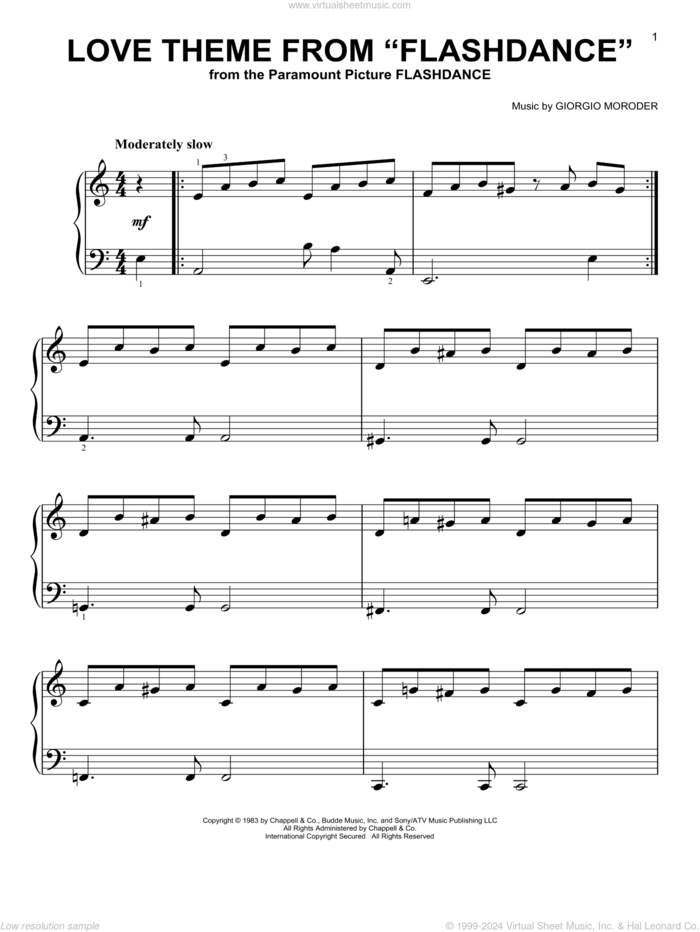 Love Theme From 'Flashdance', (easy) sheet music for piano solo by Giorgio Moroder, easy skill level