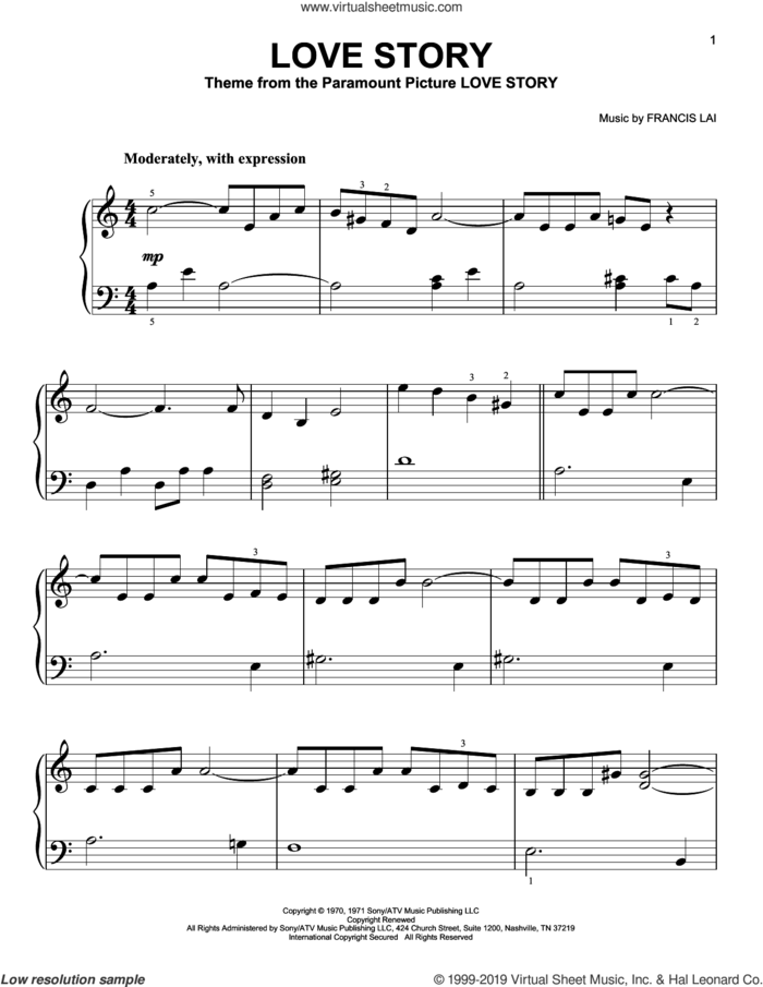 Love Story, (easy) sheet music for piano solo by Francis Lai, easy skill level