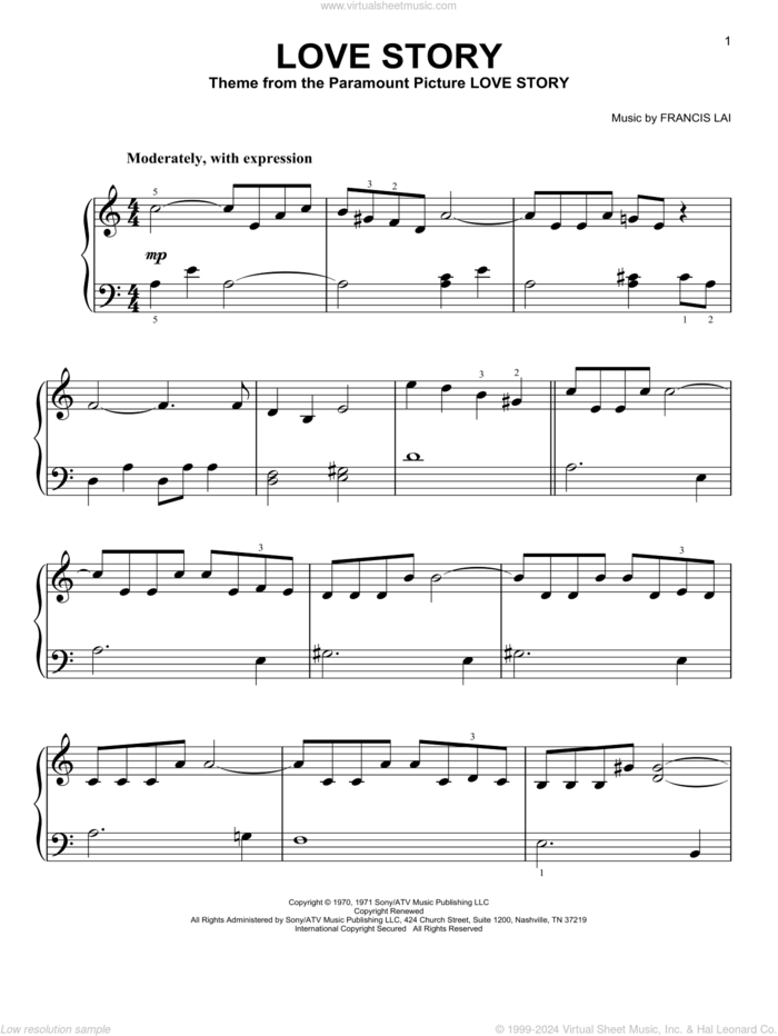 Love Story, (easy) sheet music for piano solo by Francis Lai, easy skill level