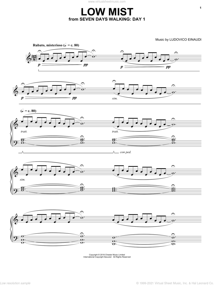 Low Mist (from Seven Days Walking: Day 1) sheet music for piano solo by Ludovico Einaudi, classical score, intermediate skill level