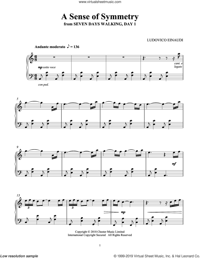 A Sense Of Symmetry (from Seven Days Walking: Day 1) sheet music for piano solo by Ludovico Einaudi, classical score, intermediate skill level