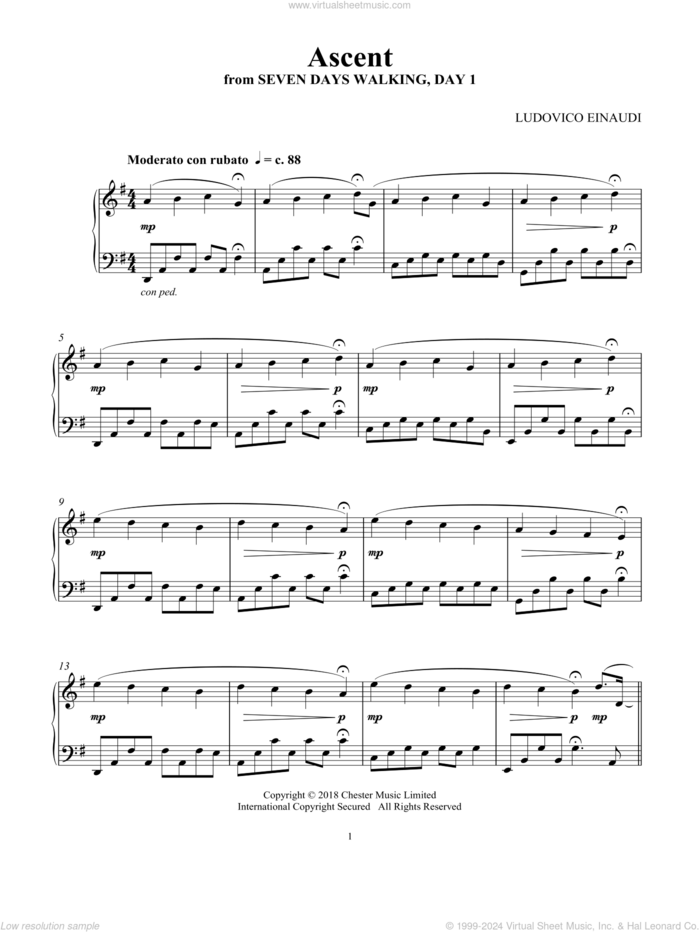 Ascent (from Seven Days Walking: Day 1) sheet music for piano solo by Ludovico Einaudi, classical score, intermediate skill level