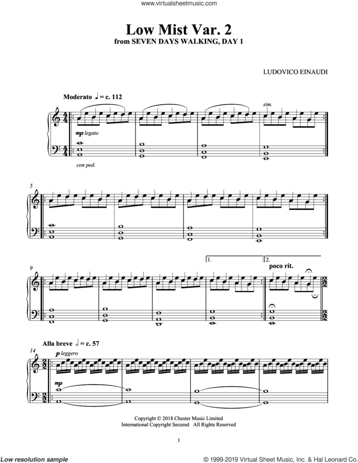Low Mist Var. 2 (from Seven Days Walking: Day 1) sheet music for piano solo by Ludovico Einaudi, classical score, intermediate skill level