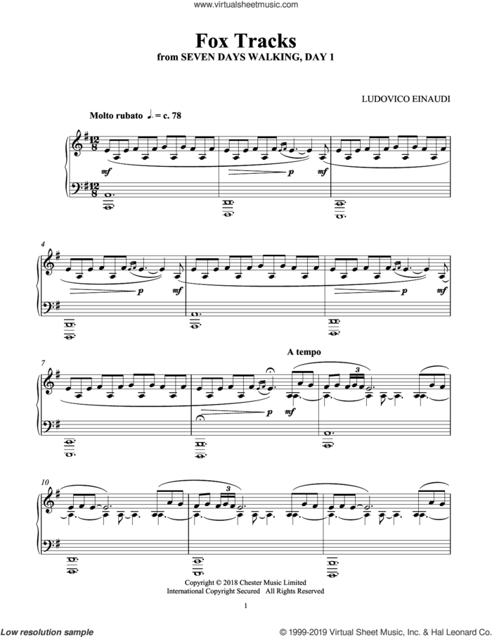 Fox Tracks (from Seven Days Walking: Day 1) sheet music for piano solo by Ludovico Einaudi, classical score, intermediate skill level