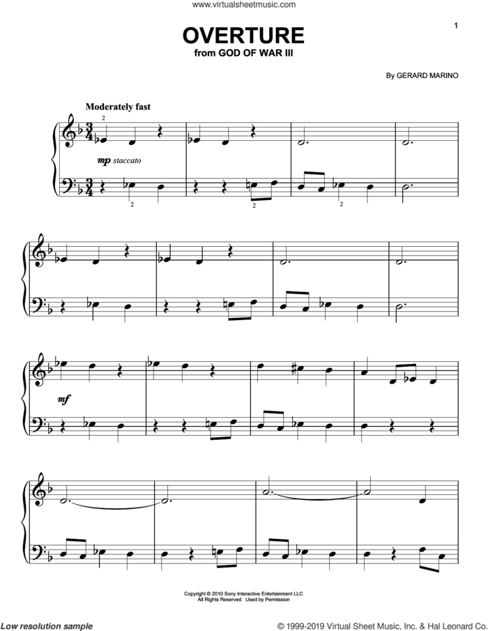 Overture (from God of War III) sheet music for piano solo by Gerard Marino, easy skill level