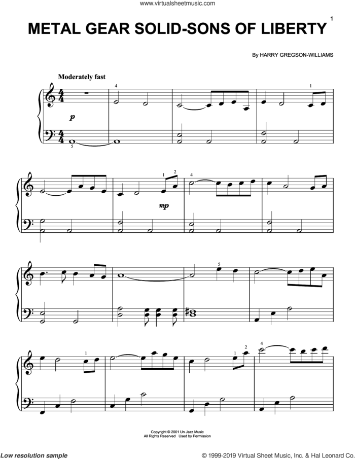 Metal Gear Solid - Sons Of Liberty sheet music for piano solo by Harry Gregson-Williams, easy skill level