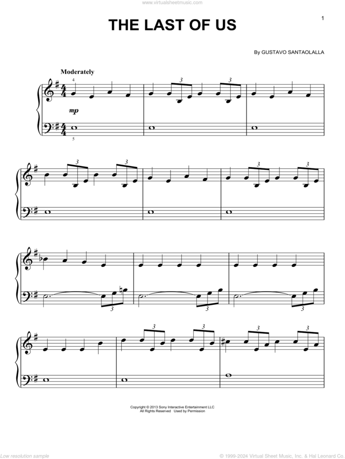 The Last Of Us, (easy) sheet music for piano solo by Gustavo Santaolalla, easy skill level