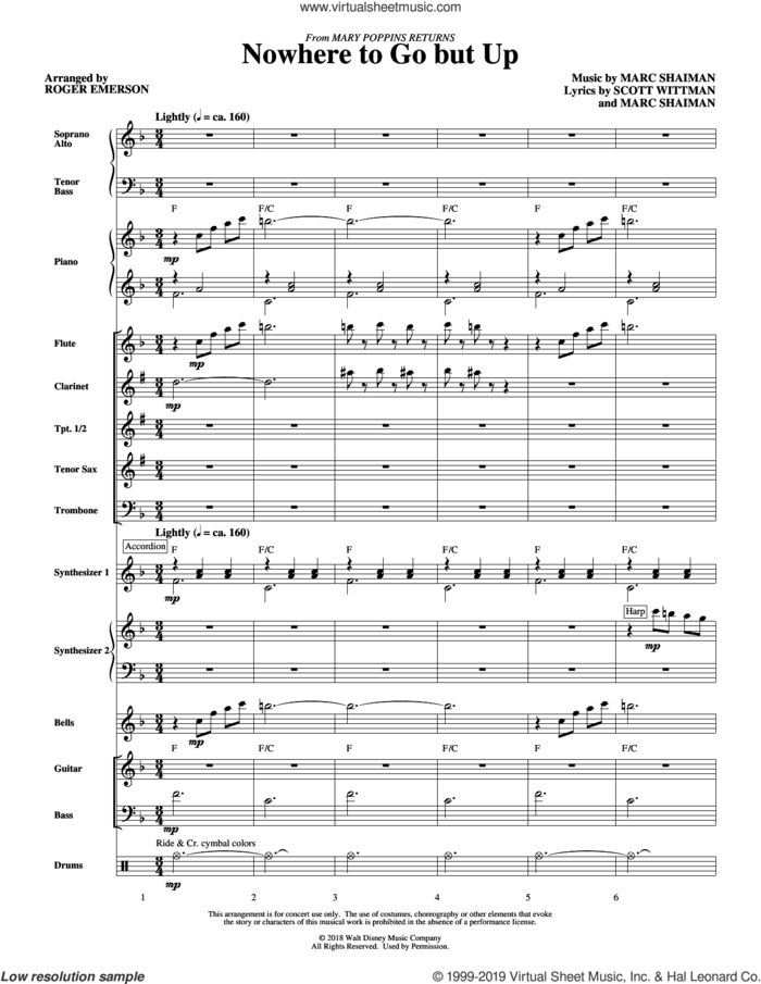 Nowhere to Go But Up (from Mary Poppins Returns) (arr. Roger Emerson) (COMPLETE) sheet music for orchestra/band by Roger Emerson, Marc Shaiman, Marc Shaiman & Scott Wittman and Scott Wittman, intermediate skill level