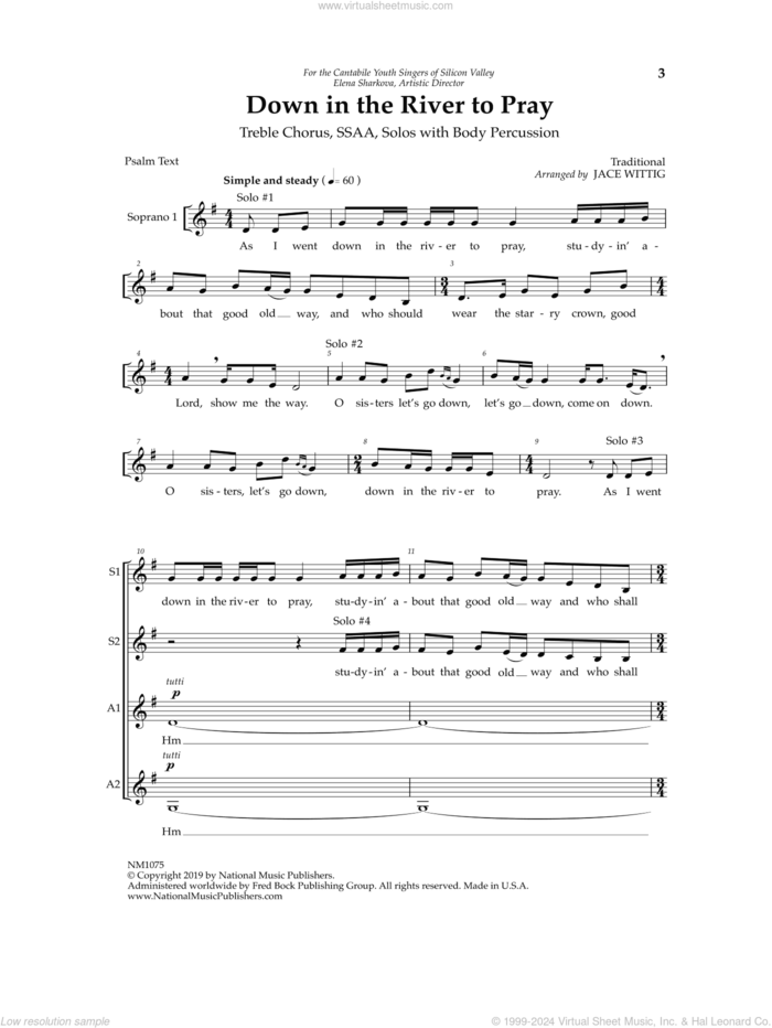Down in the River to Pray sheet music for choir (SSAA: soprano, alto) by Jace Wittig, intermediate skill level