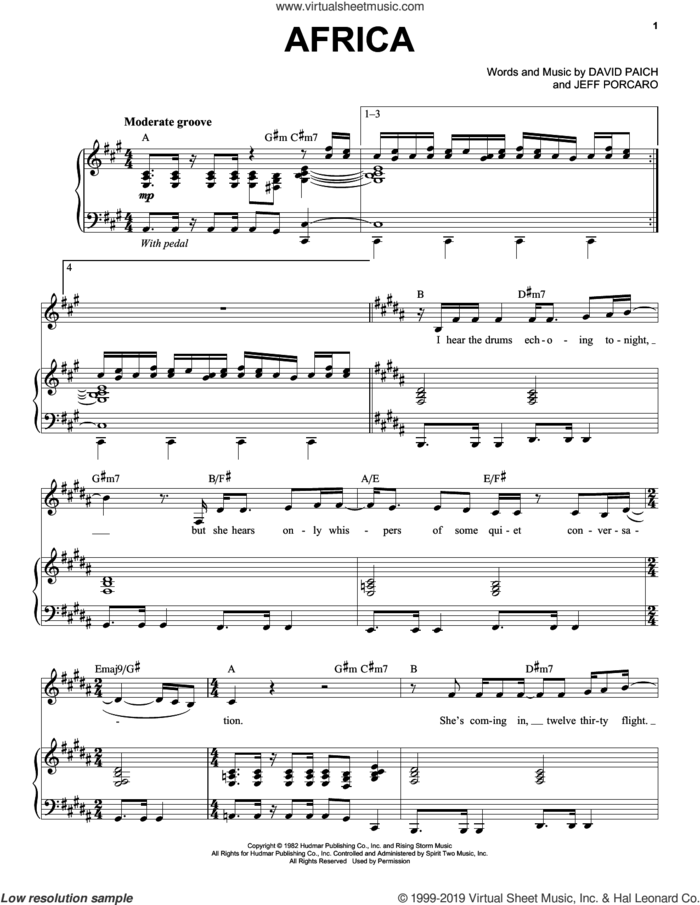 Africa sheet music for voice and piano by Toto, David Paich and Jeff Porcaro, intermediate skill level
