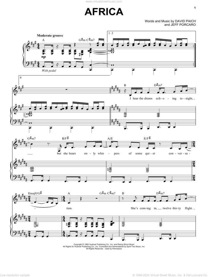 Africa sheet music for voice and piano by Toto, David Paich and Jeff Porcaro, intermediate skill level