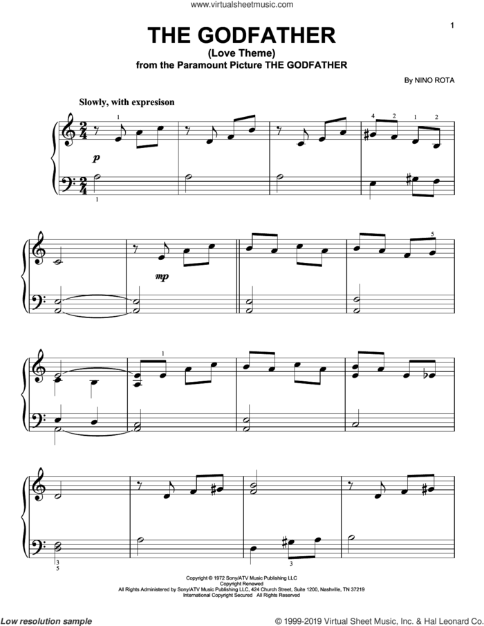 The Godfather (Love Theme), (easy) sheet music for piano solo by Nino Rota, easy skill level