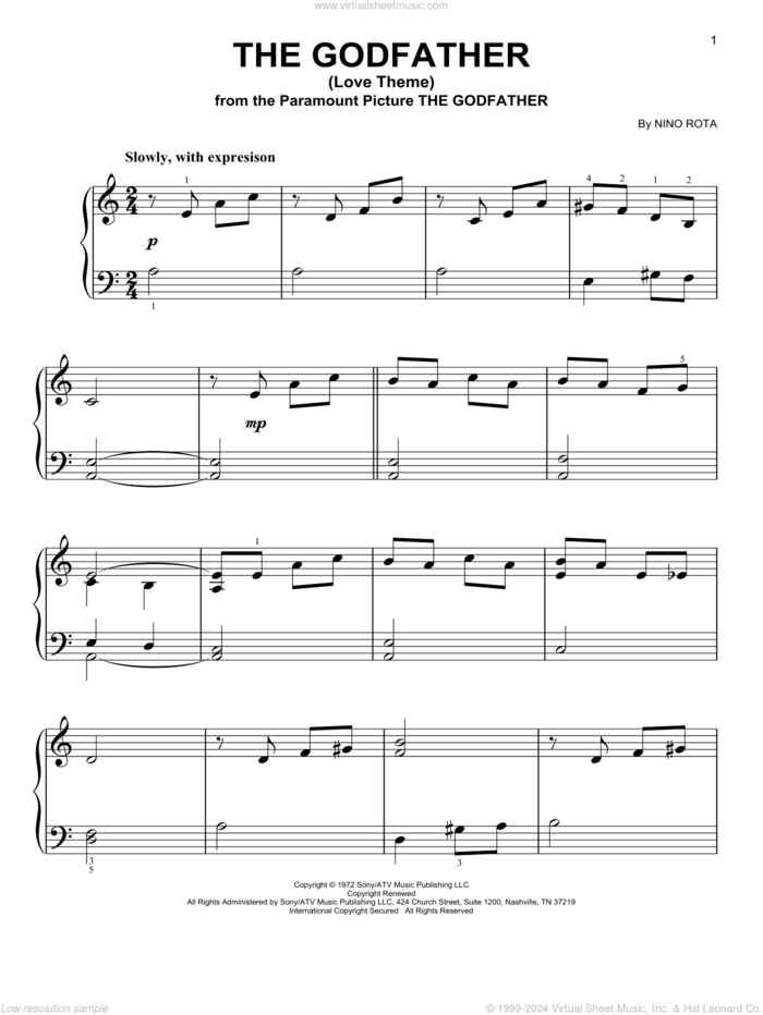 The Godfather (Love Theme), (easy) sheet music for piano solo by Nino Rota, easy skill level