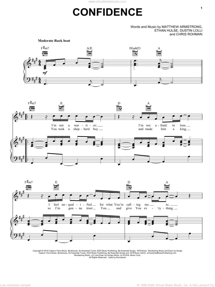 Confidence sheet music for voice, piano or guitar by Sanctus Real, Chris Rohman, Dustin Lolli, Ethan Hulse and Matthew Armstrong, intermediate skill level