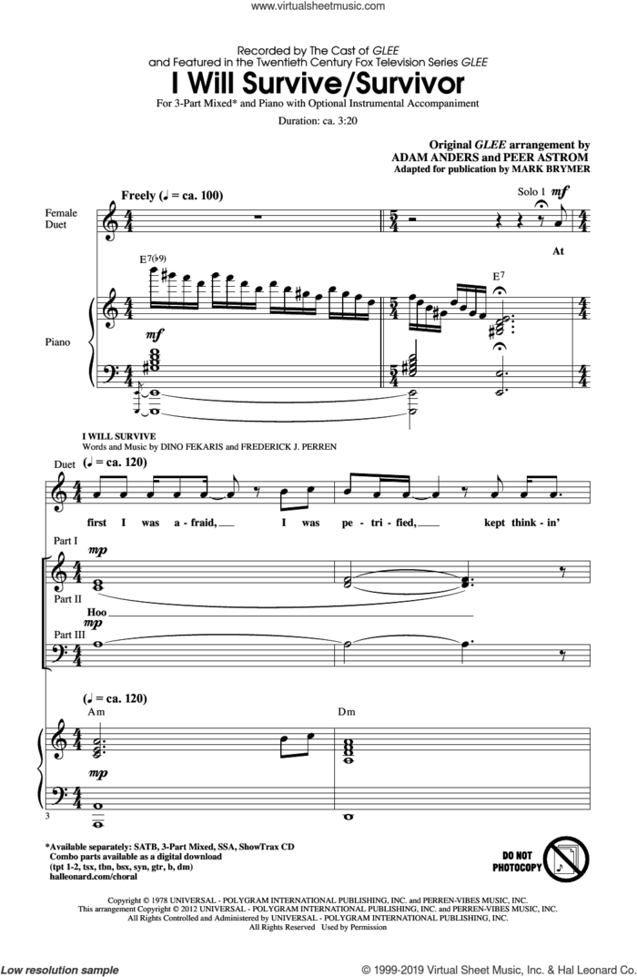 I Will Survive/Survivor (arr. Mark Brymer) sheet music for choir (3-Part Mixed) by Glee Cast, Mark Brymer, Chantay Savage, Gloria Gaynor, Dino Fekaris and Frederick Perren, intermediate skill level
