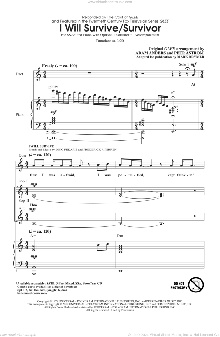 I Will Survive/Survivor (arr. Mark Brymer) sheet music for choir (SSA: soprano, alto) by Glee Cast, Mark Brymer, Chantay Savage, Gloria Gaynor, Dino Fekaris and Frederick Perren, intermediate skill level