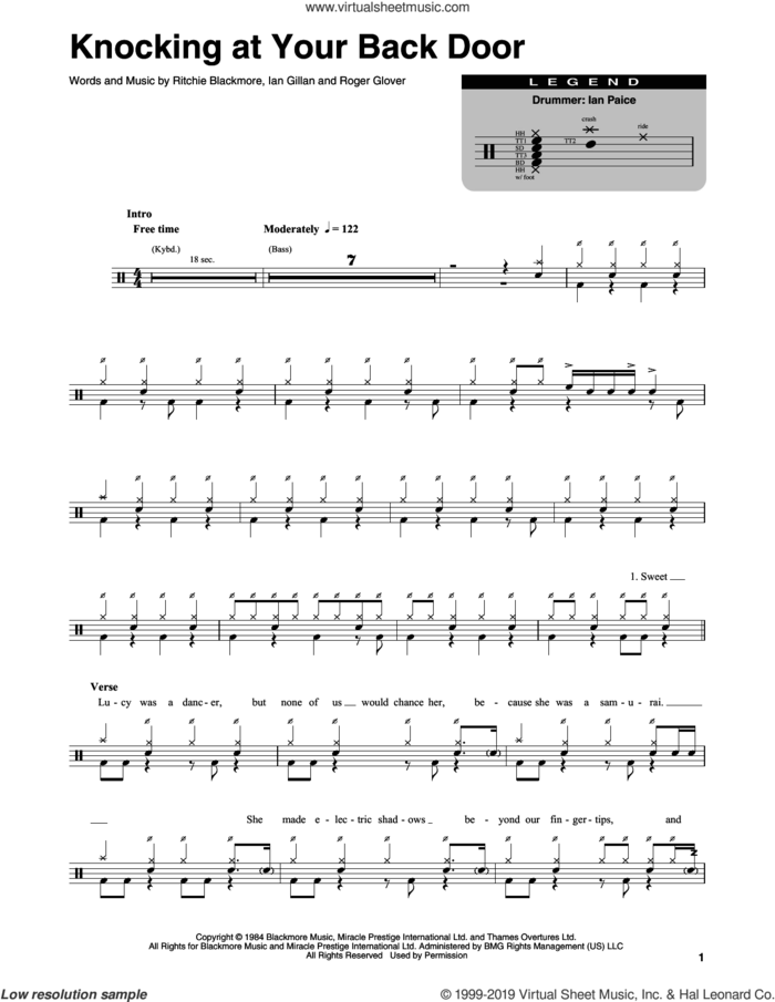 Knocking At Your Back Door sheet music for drums by Deep Purple, Ian Gillan, Ritchie Blackmore and Roger Glover, intermediate skill level