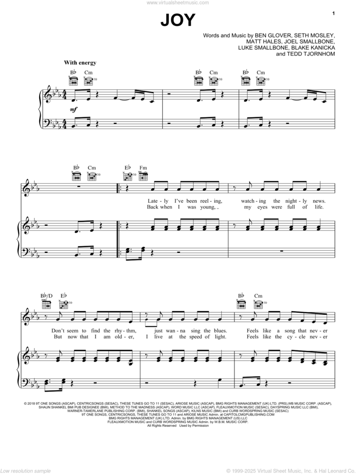 Joy sheet music for voice, piano or guitar by for KING & COUNTRY, Ben Glover, Blake Kanicka, Joel Smallbone, Luke Smallbone, Matt Hales, Seth Mosley and Tedd Tjornhom, intermediate skill level