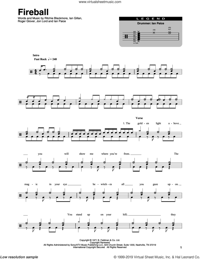 Fireball sheet music for drums by Deep Purple, Ian Gillan, Ian Paice, Jon Lord, Ritchie Blackmore and Roger Glover, intermediate skill level