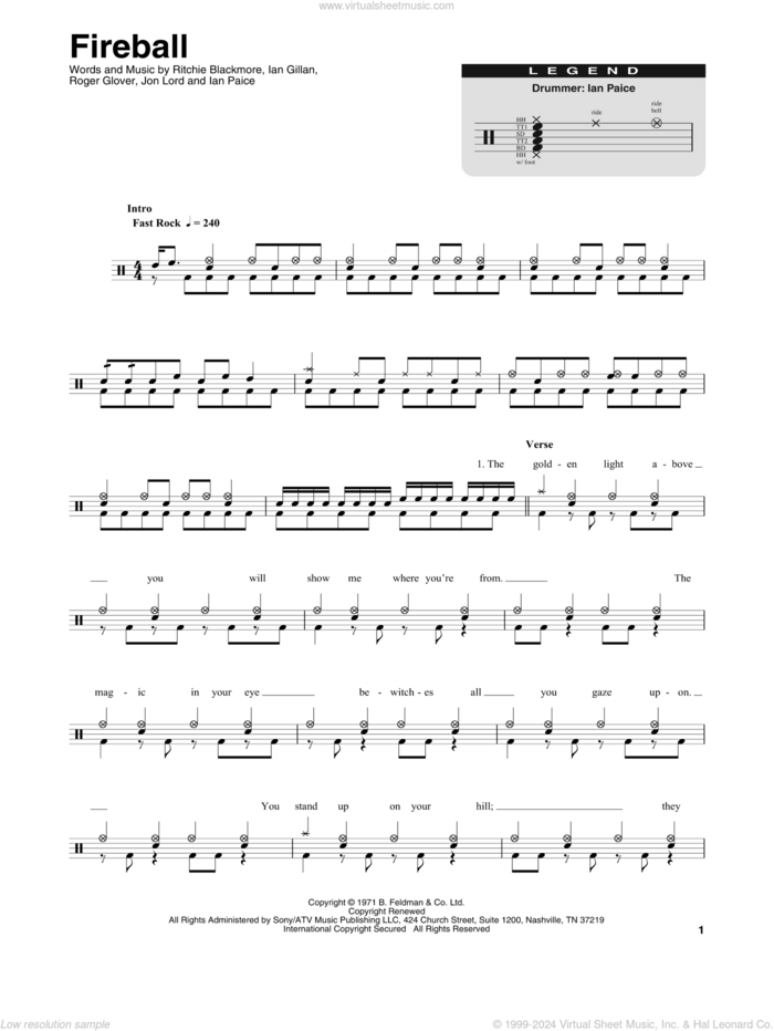 Fireball sheet music for drums by Deep Purple, Ian Gillan, Ian Paice, Jon Lord, Ritchie Blackmore and Roger Glover, intermediate skill level