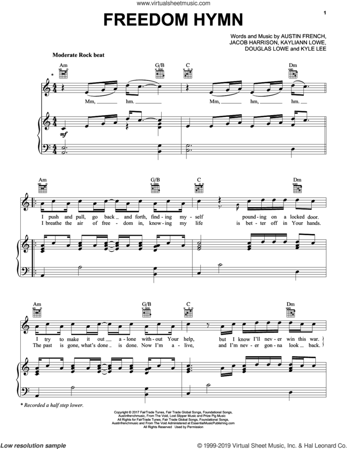 Freedom Hymn sheet music for voice, piano or guitar by Austin French, Douglas Lowe, Jacob Harrison, Kayliann Lowe and Kyle Lee, intermediate skill level
