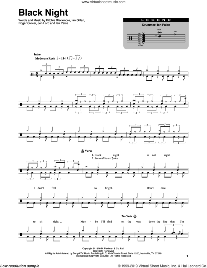Black Night sheet music for drums by Deep Purple, Ian Gillan, Ian Paice, Jon Lord, Ritchie Blackmore and Roger Glover, intermediate skill level