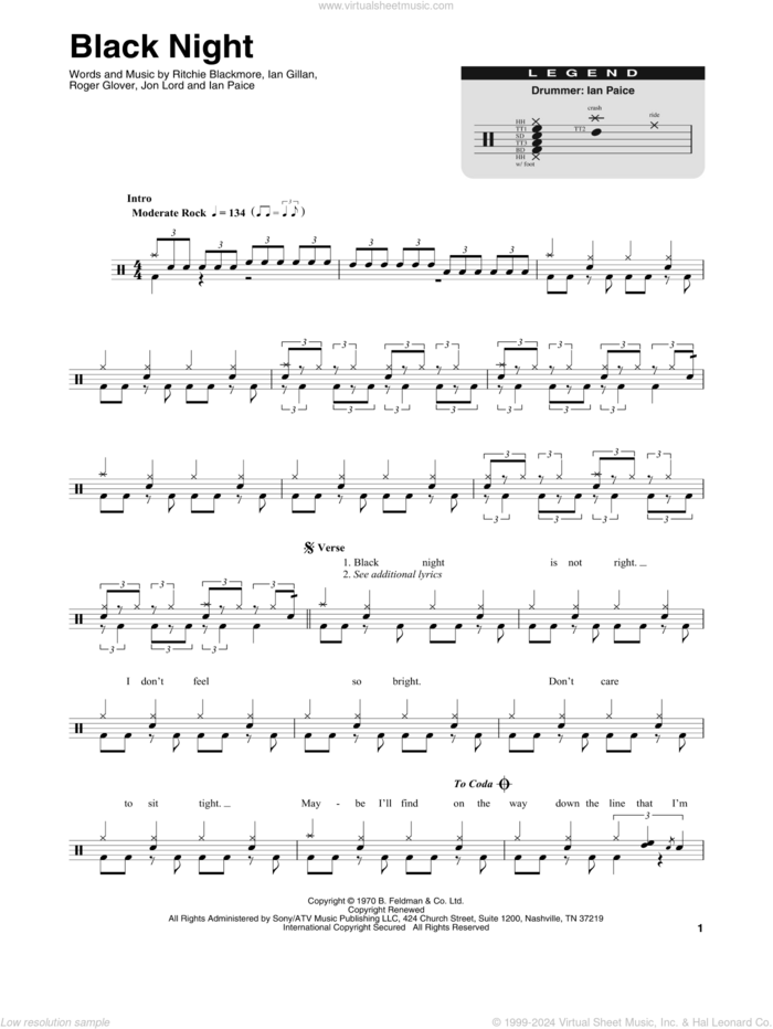 Black Night sheet music for drums by Deep Purple, Ian Gillan, Ian Paice, Jon Lord, Ritchie Blackmore and Roger Glover, intermediate skill level