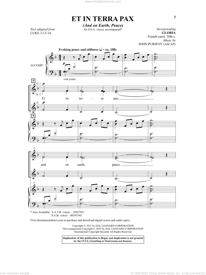 Et In Terra Pax (And On Earth, Peace) sheet music for choir (SSA: soprano, alto) by John Purifoy, intermediate skill level