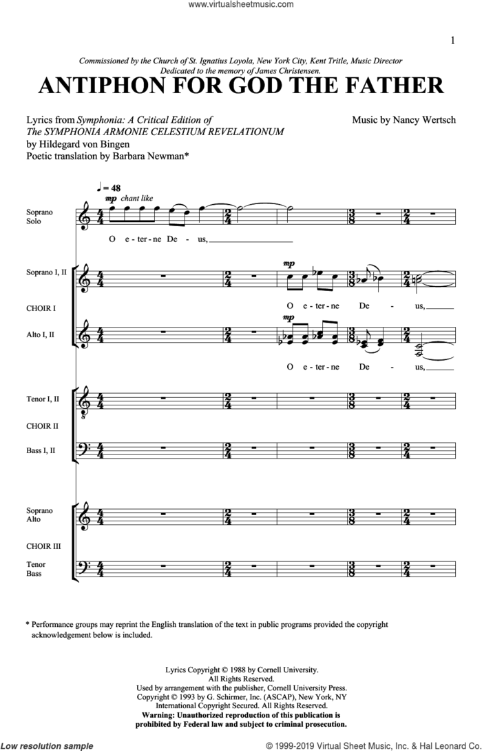 Antiphon For God The Father sheet music for choir (SATB: soprano, alto, tenor, bass) by Nancy Wertsch, Barbara Newman and Hildegard von Bingen, intermediate skill level
