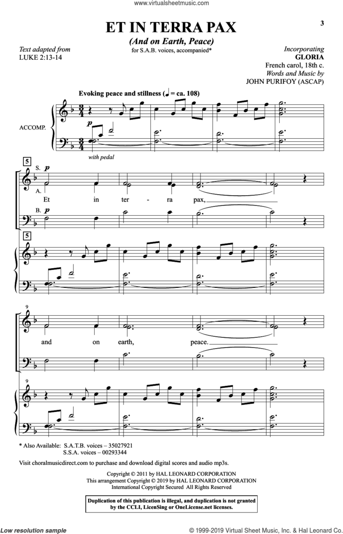 Et In Terra Pax (And On Earth, Peace) sheet music for choir (SAB: soprano, alto, bass) by John Purifoy, intermediate skill level