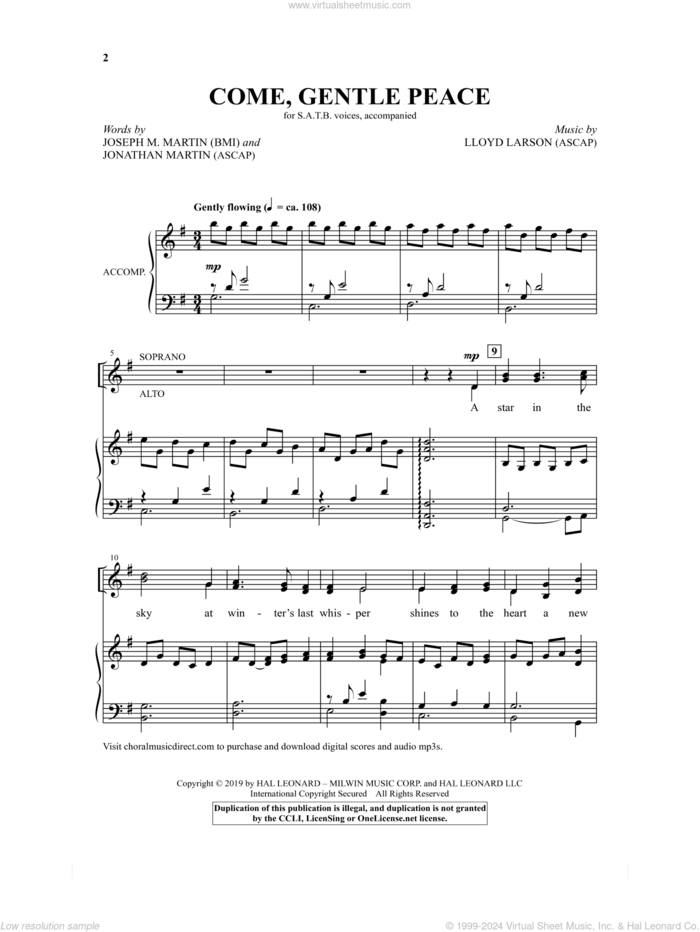 Come, Gentle Peace sheet music for choir (SATB: soprano, alto, tenor, bass) by Joseph M. Martin, Jonathan Martin, Joseph Martin, Jonathan Martin & Lloyd Larson and Lloyd Larson, intermediate skill level