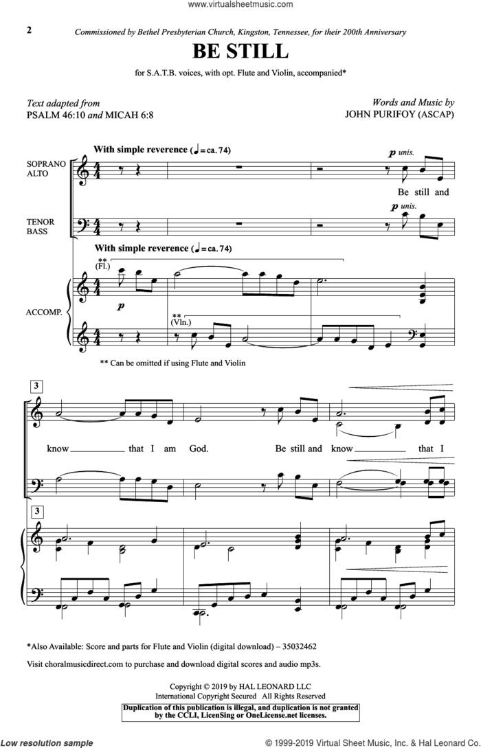Be Still sheet music for choir (SATB: soprano, alto, tenor, bass) by John Purifoy, Micah 6:8 and Psalm 46:10, intermediate skill level
