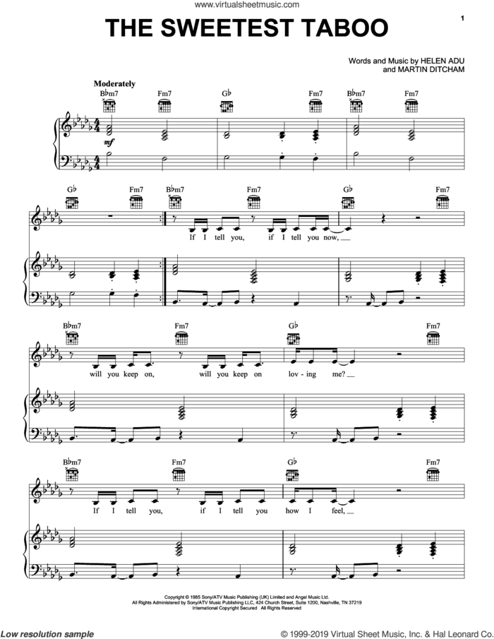 The Sweetest Taboo sheet music for voice, piano or guitar by Sade, Helen Adu and Martin Ditcham, intermediate skill level