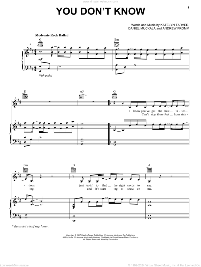 You Don't Know sheet music for voice, piano or guitar by Katelyn Tarver, Andrew Fromm and Dan Muckala, intermediate skill level