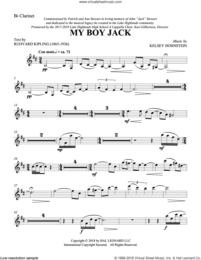 My Boy Jack sheet music for orchestra/band (clarinet) by Rudyard Kipling, Kelsey Hohnstein and Kelsey Hohnstein-Reinhart, intermediate skill level