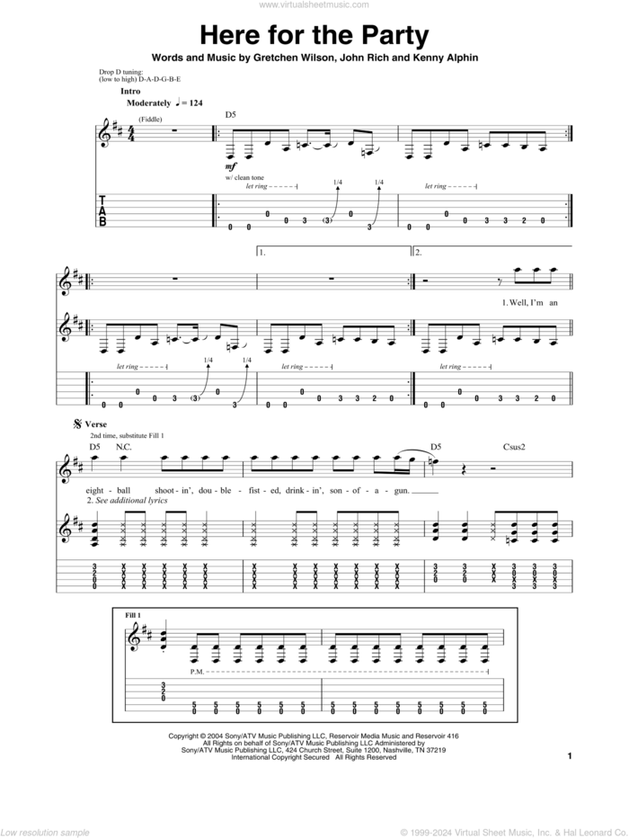 Here For The Party sheet music for guitar (tablature, play-along) by Gretchen Wilson, John Rich and Kenny Alphin, intermediate skill level