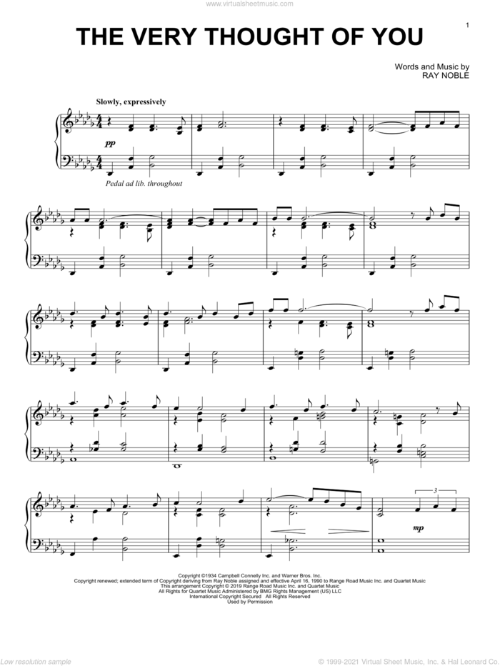 The Very Thought Of You sheet music for piano solo by Ray Noble, Frank Sinatra, Kate Smith, Nat King Cole, Ray Conniff and Ricky Nelson, intermediate skill level
